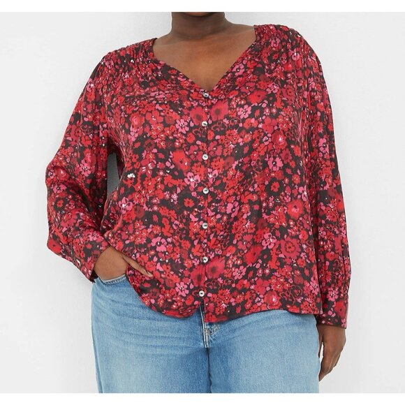 Lane Bryant Tops - Lane Bryant Floral Top Blouse Button Front Long Sleeves V Neck Red 26/28 New